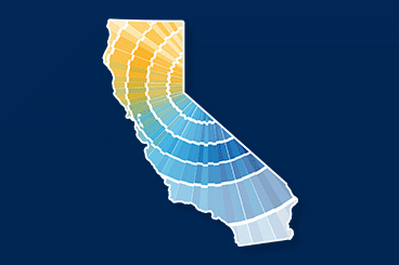 State of California overlaid with a radial gradient transitioning from yellow to blue